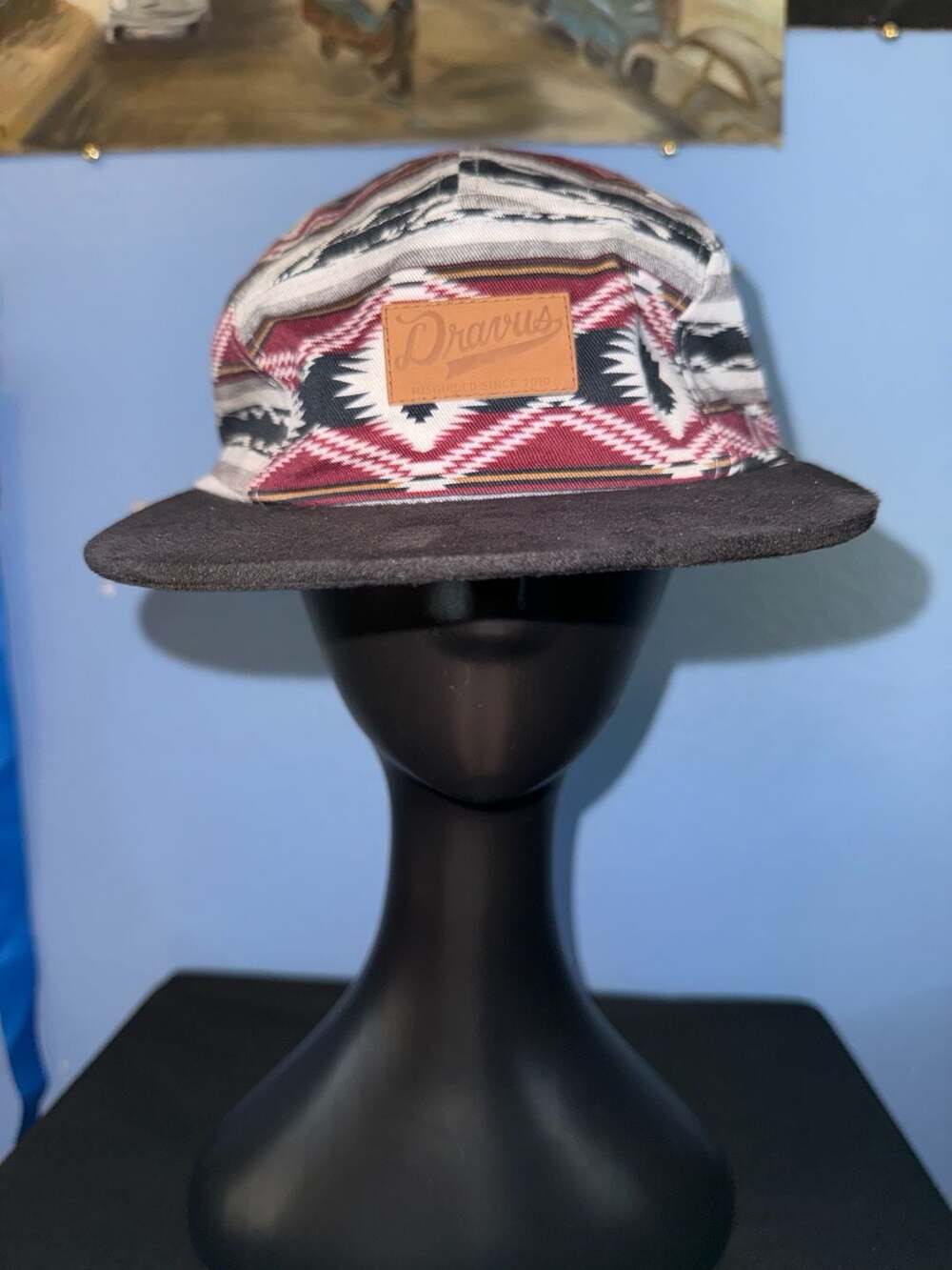 Dravus 5-Panel Hat Aztec Blanket Pattern Script Logo Strapback